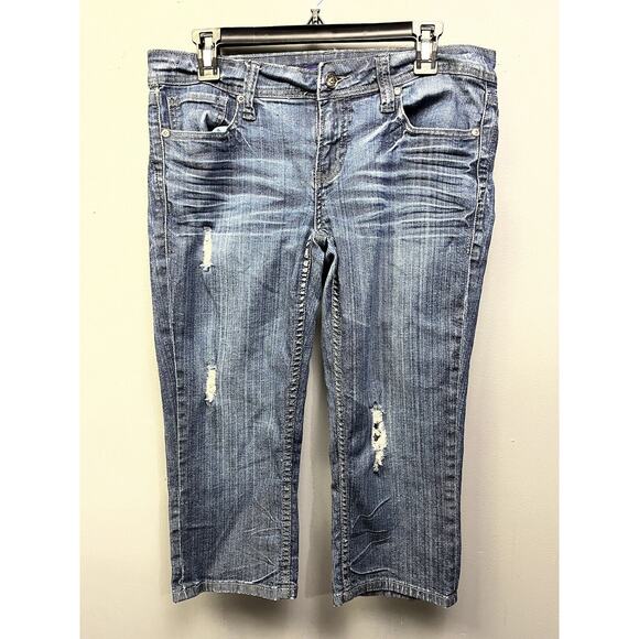 Vigoss Capri Jeans Juniors 9 Distressed‎ Mid Waist Rise Blue Denim Stretch 32x19 - Picture 1 of 9